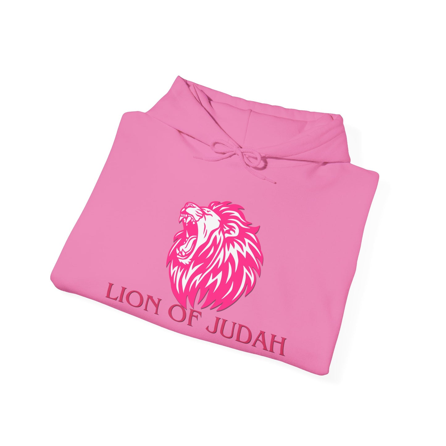 Pink hoodie with lion design and 'Lion of Judah' text on a white background
