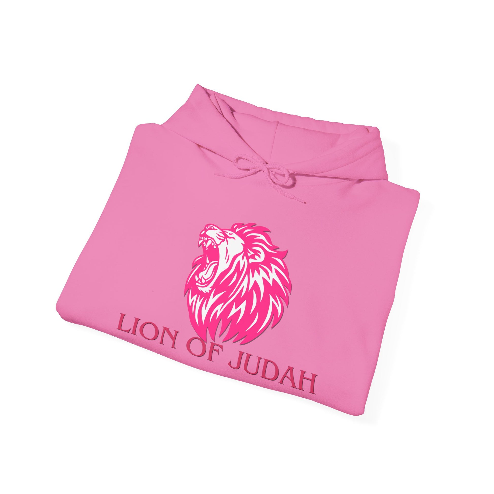 Pink hoodie with lion design and 'Lion of Judah' text on a white background