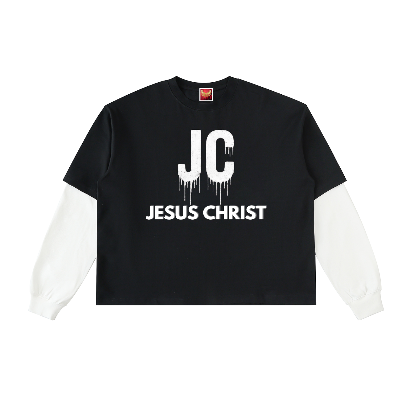 "Jesus Christ" Layered Contrast Sleeve Cotton T-Shirt