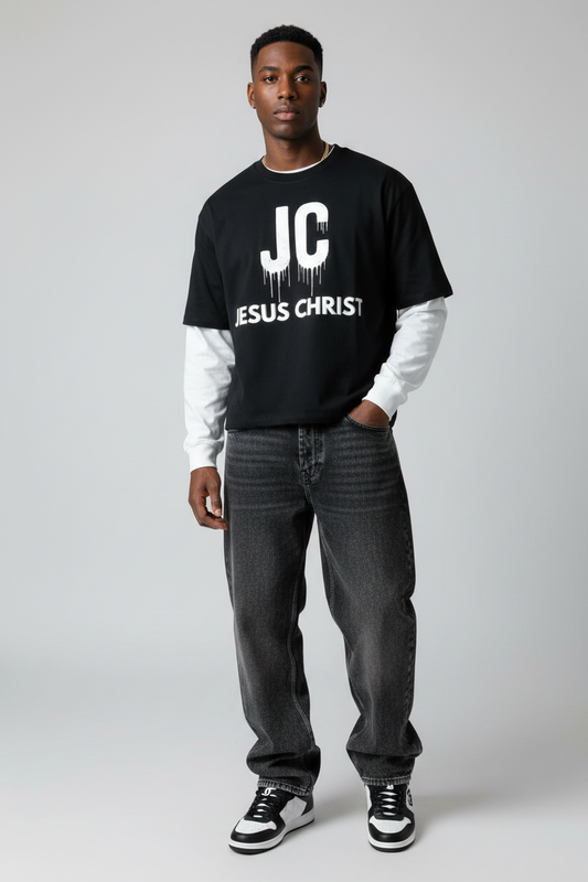 "Jesus Christ" Layered Contrast Sleeve Cotton T-Shirt