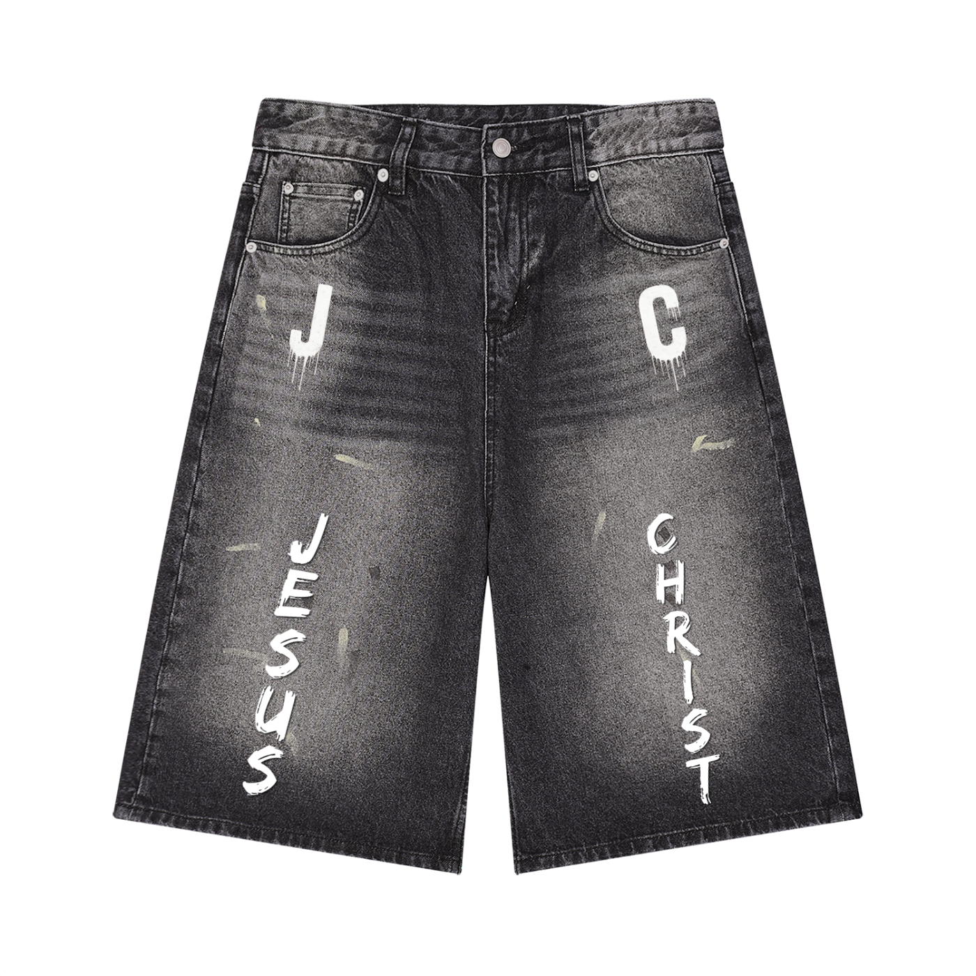 Men’s Jesus Christ Vintage Wash Wide Leg Denim Shorts