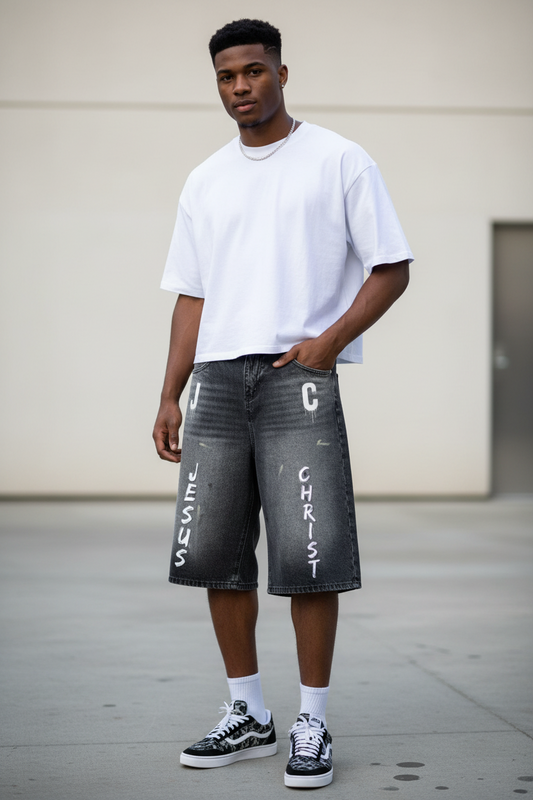 Men’s Jesus Christ Vintage Wash Wide Leg Denim Shorts