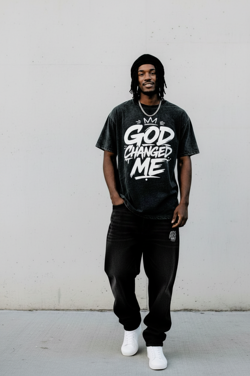 "God Changed Me" Snow Washed Oversized Cotton T-Shirt